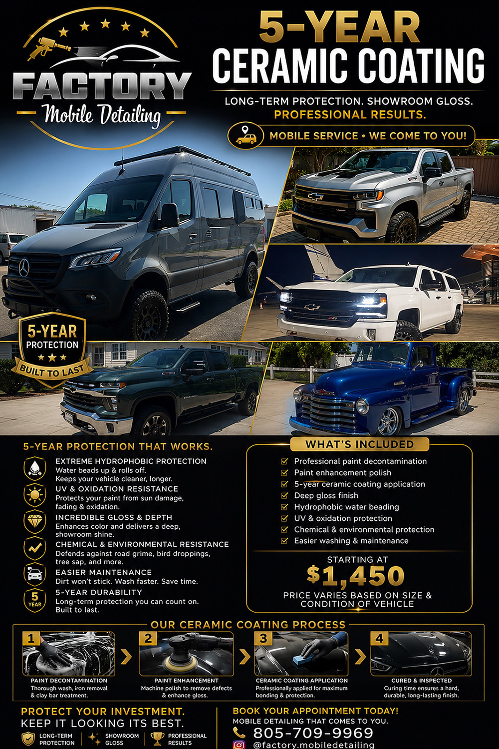 Factory Mobile Detailing's published 5-year ceramic coating service and pricing flyer