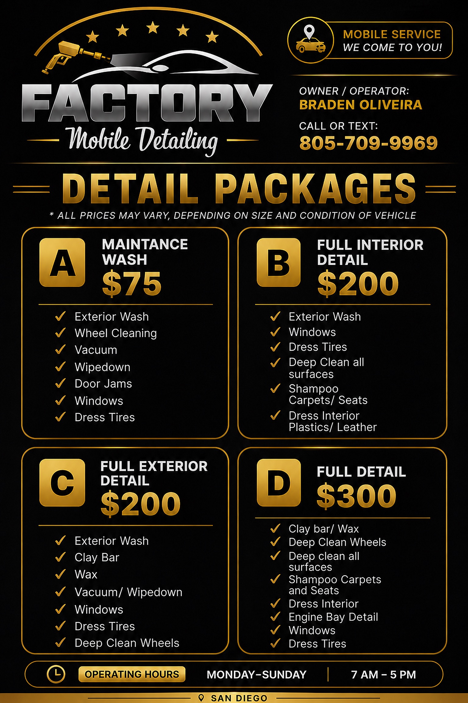 Factory Mobile Detailing published service packages and pricing menu