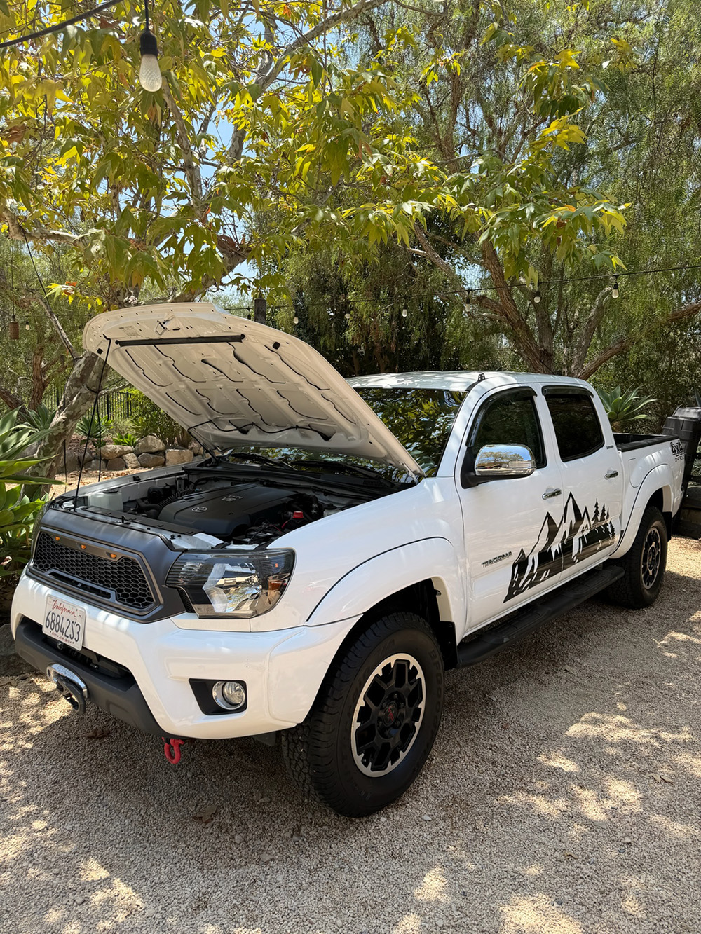 White Toyota Tacoma engine bay after a ceramic coating detailing service